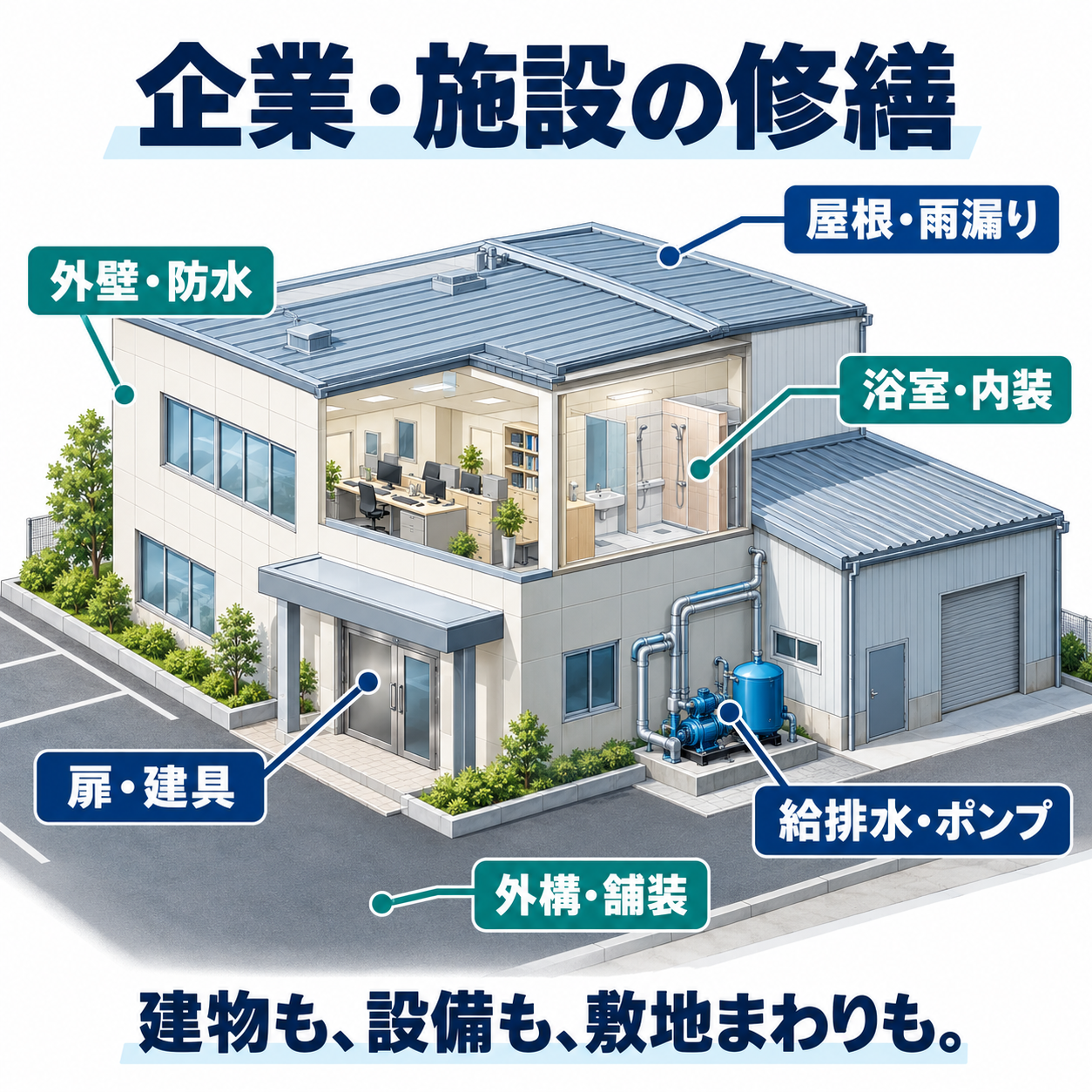 企業・施設の修繕対応イメージ。屋根・雨漏り、外壁・防水、浴室・内装、給排水・ポンプ、扉・建具、外構・舗装。